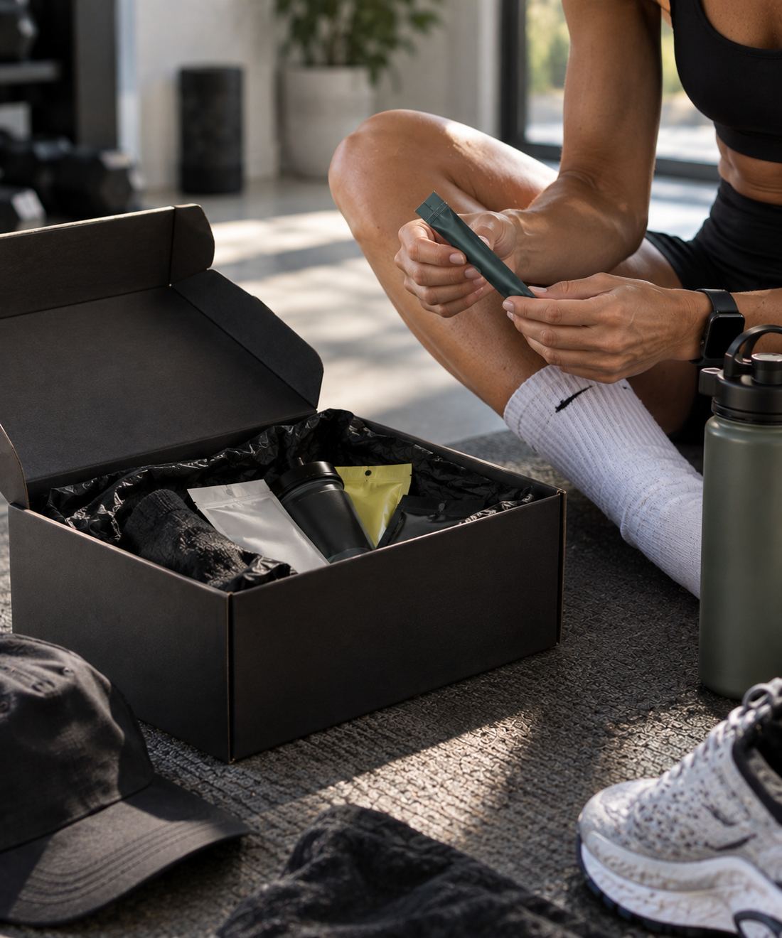 Athlete opening a product at the gym