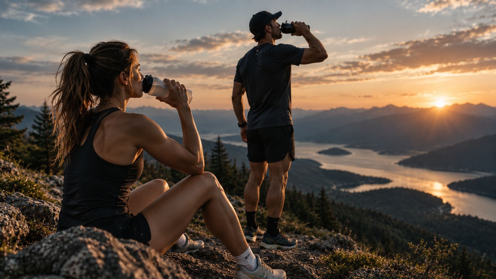 Two athletes hydrating on a mountain summit