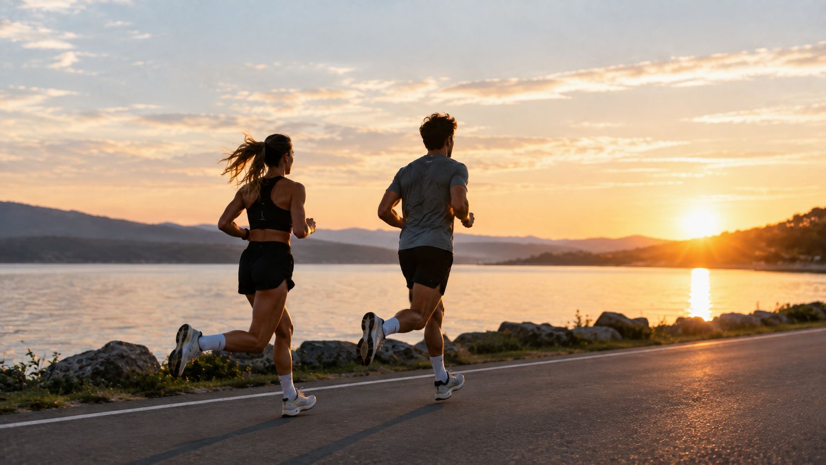 Two runners on a lakeside road at sunrise